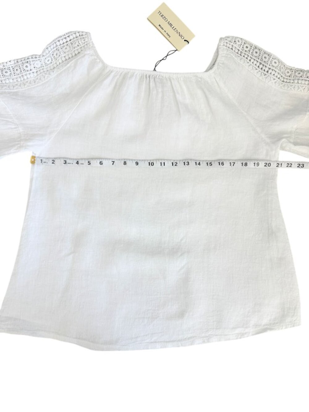 Terzo Millennio 100% Linen Made in Italy White Crochet Sleeve Boho Top L NWT - Picture 5 of 9